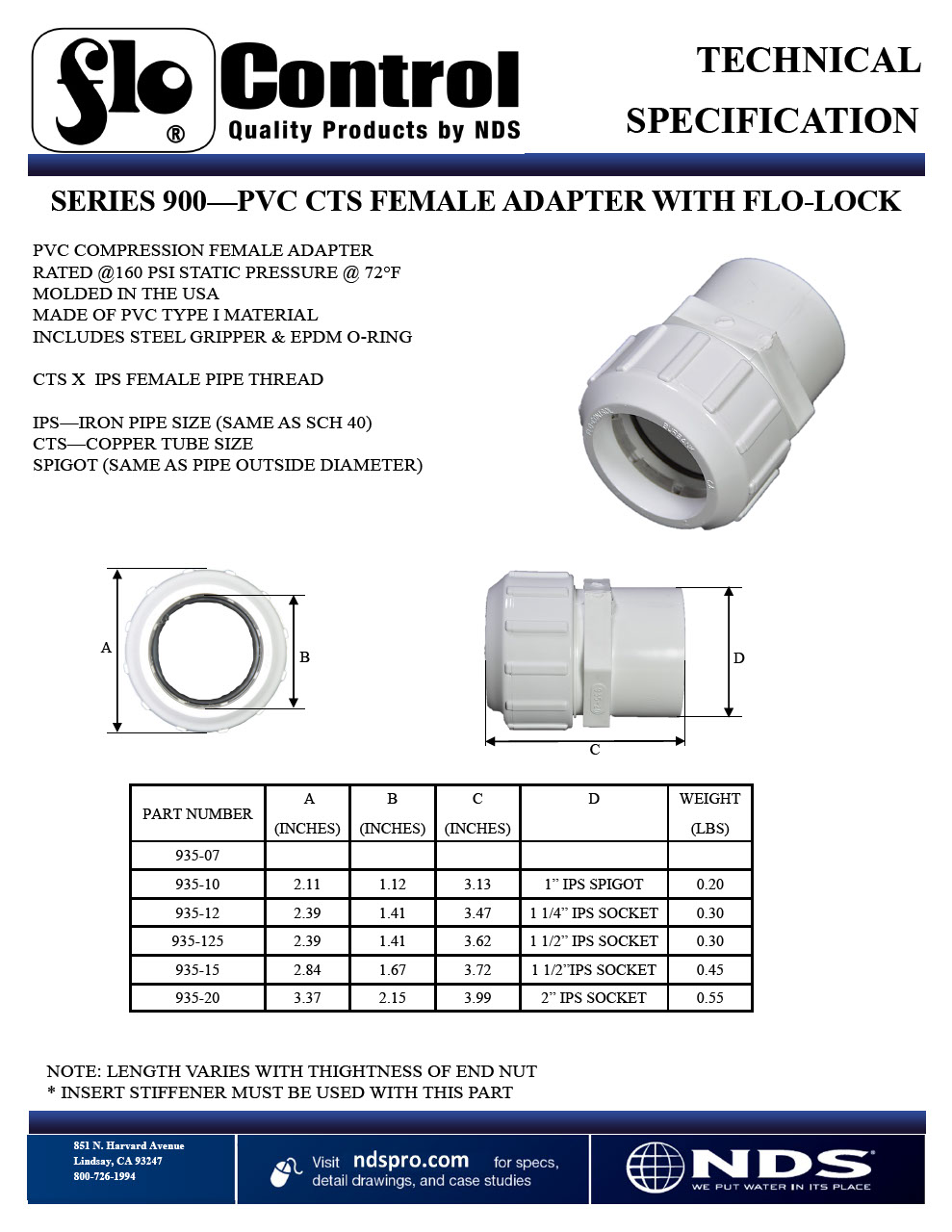 NDS Flo-LockTM Gripper Adapters IPS Spigot X CTS FPT Tech Spec
