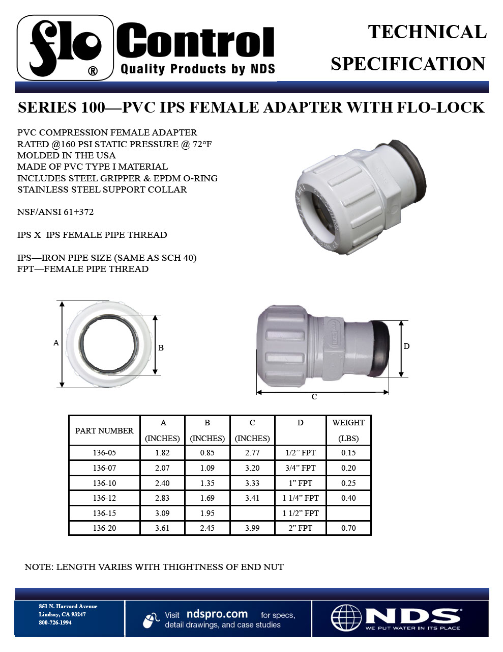 NDS Flo-LockTM PVC Gripper Adapter IPS FPT Tech Spec