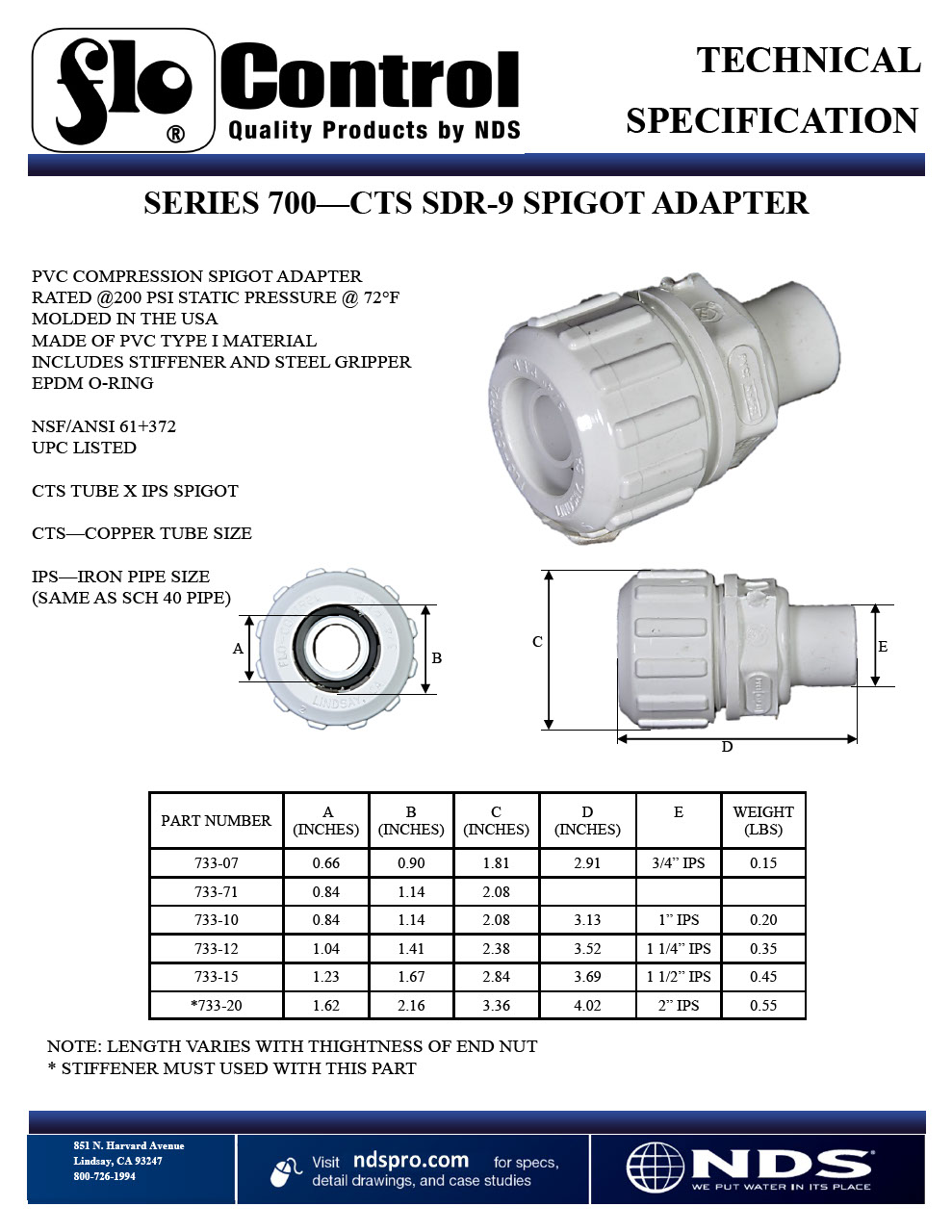 NDS Flo-LockTM Gripper Adapters IPS Spigot X SDR-9 CTS Tech Spec