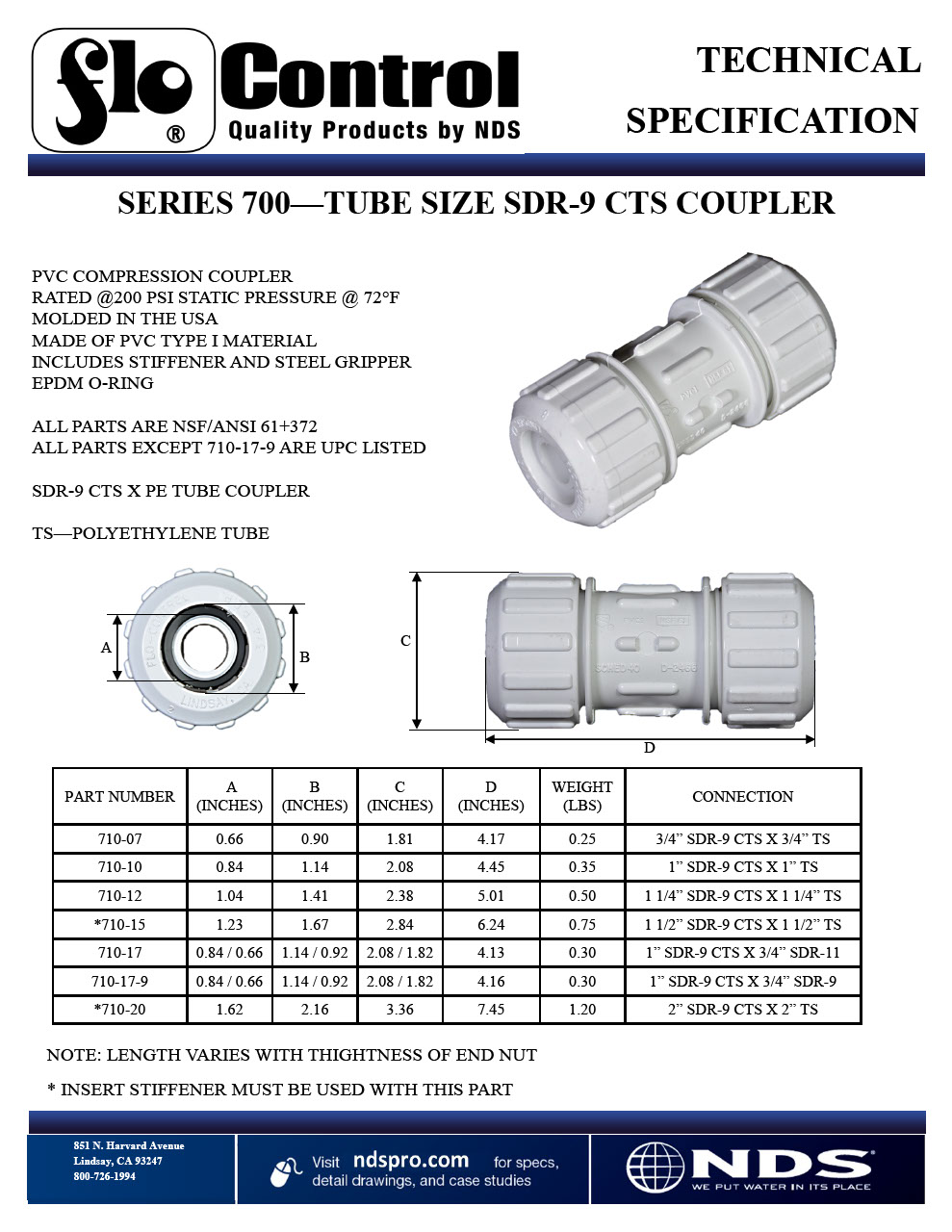 NDS Flo-Lock PVC Gripper Coupling for SDR-9 CTS Pipe Tech Spec