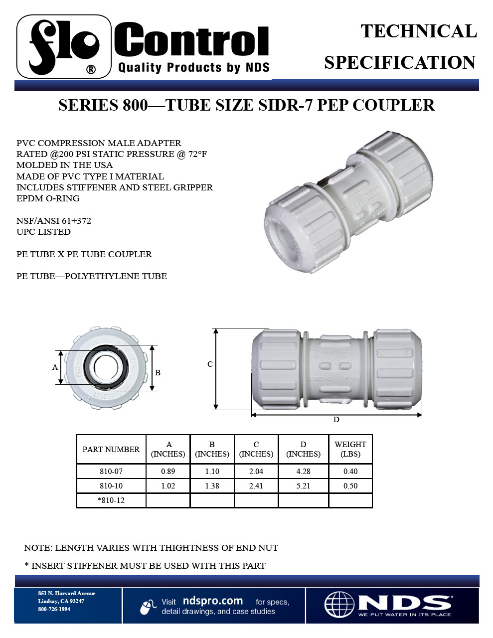 NDS Flo-Lock PVC Gripper Coupling for PE Pipe, SIDR-7, Tech Spec