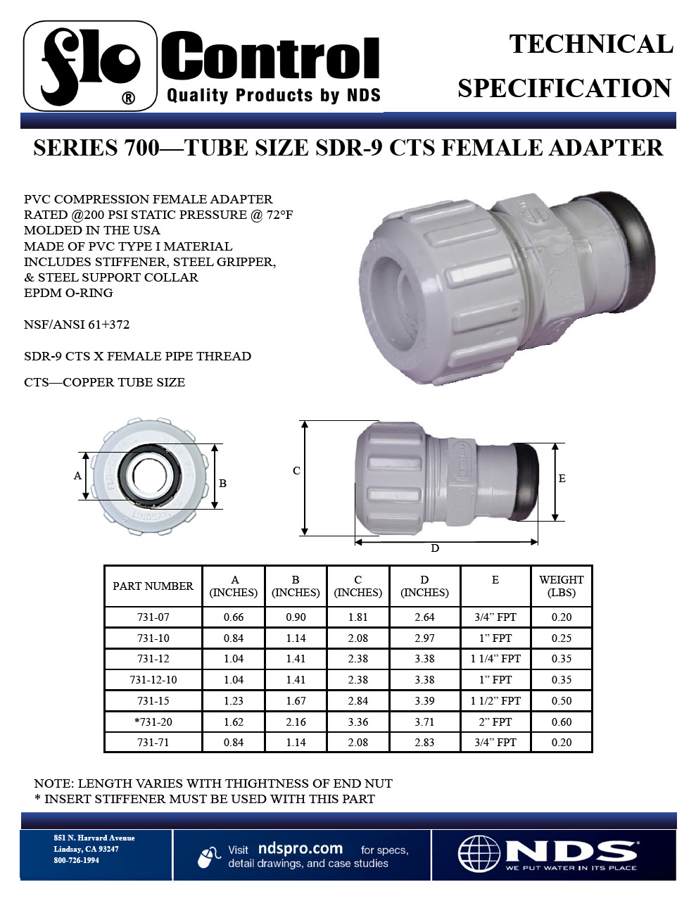 NDS Flo-Lock PVC Gripper Adapter for SDR-9 CTS X FPT Pipe Tech Spec