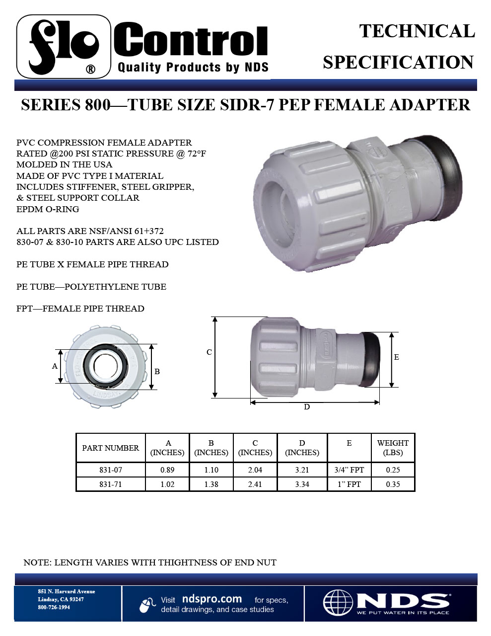 NDS Flo-Lock PVC Gripper Adapter for PE Pipe SIDR-7 FPT Tech Spec