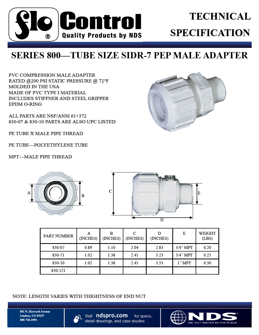 NDS Flo-Lock PVC Gripper Adapter for PE Pipe SIDR-7 MPT Tech Spec