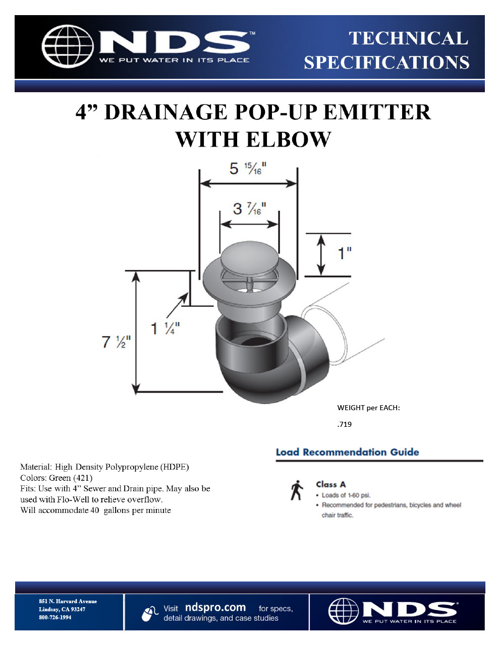 NDS Pop-Up Drainage Emitter with Elbow Spring Loaded Tech Spec