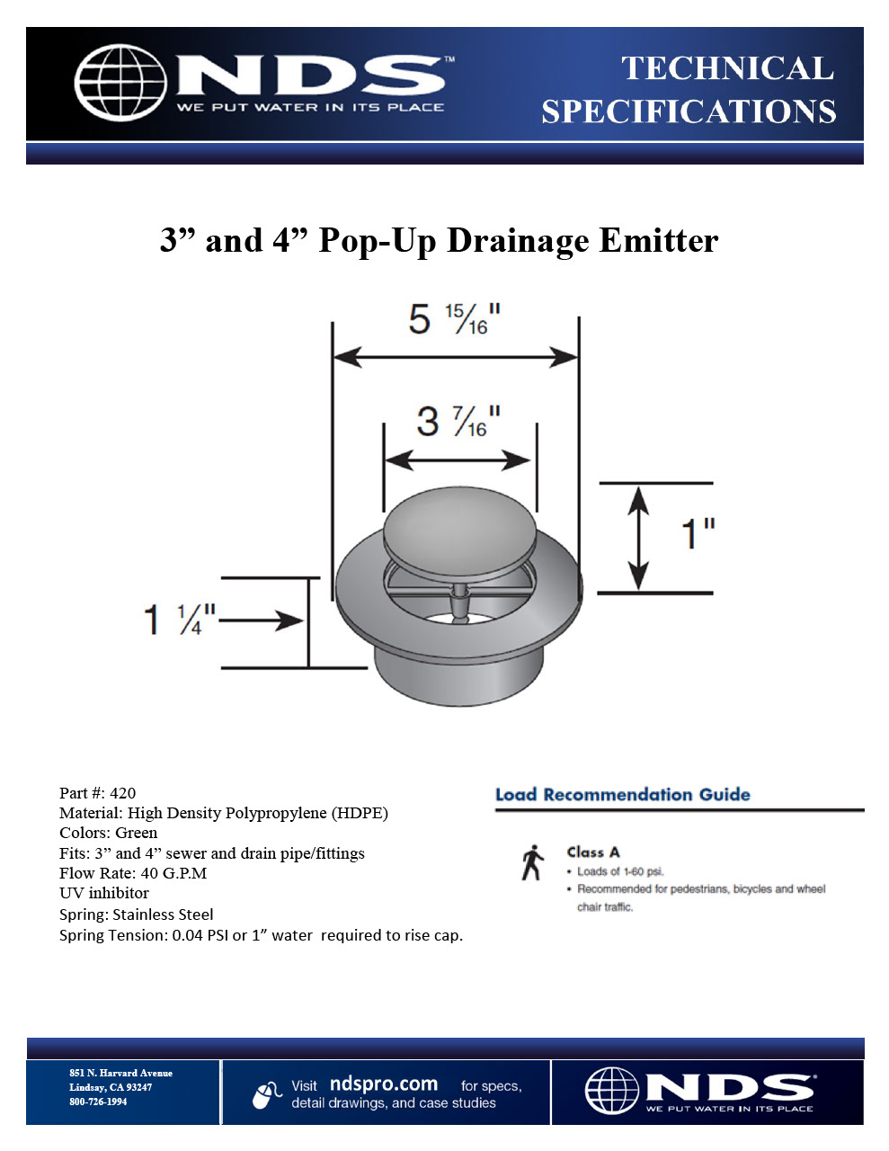 NDS Pop-Up Drainage Emitter Spring Loaded Tech Spec
