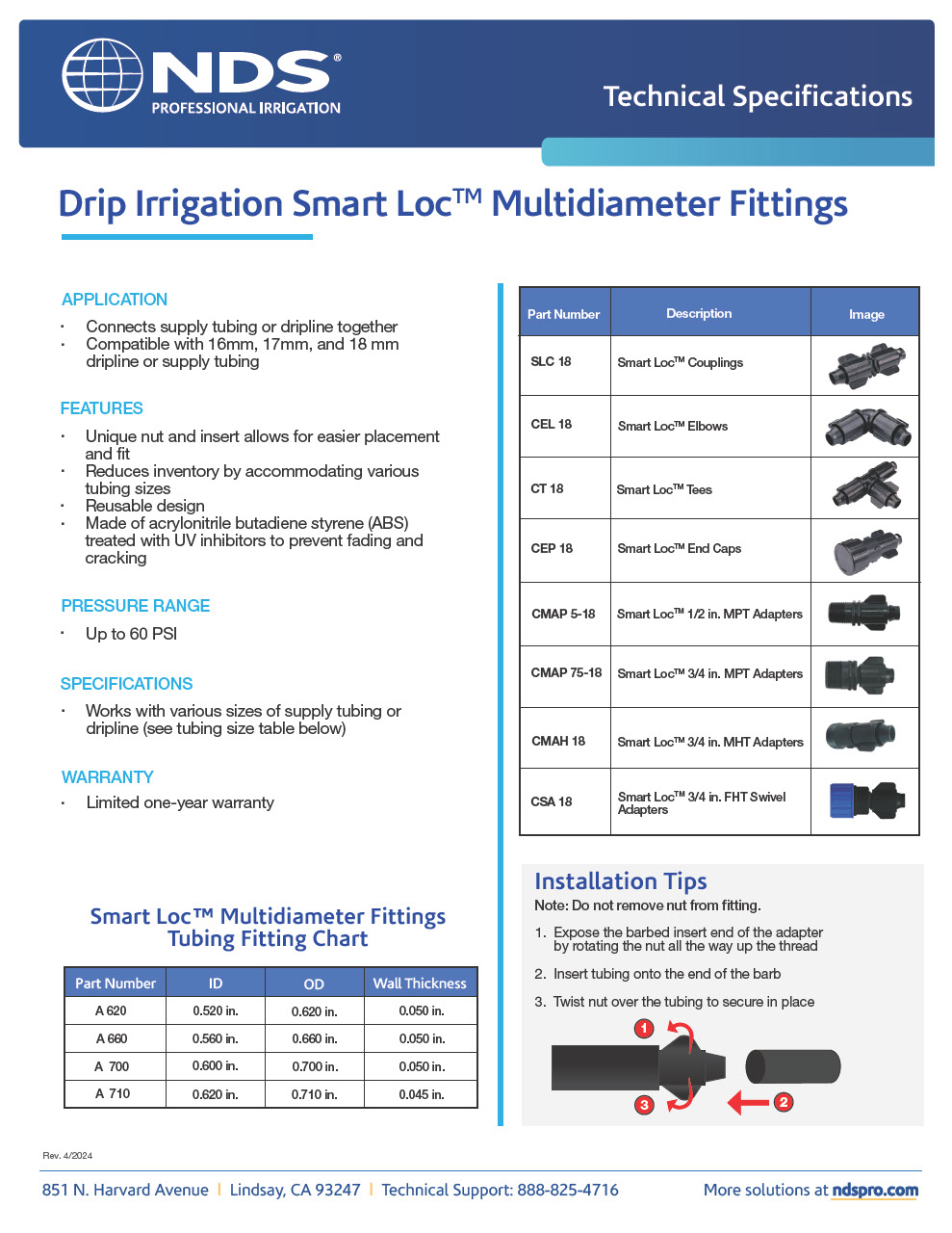 NDS Professional Irrigation Drip Irrigation Smart LocTM Multidiameter Fittings Tech Spec