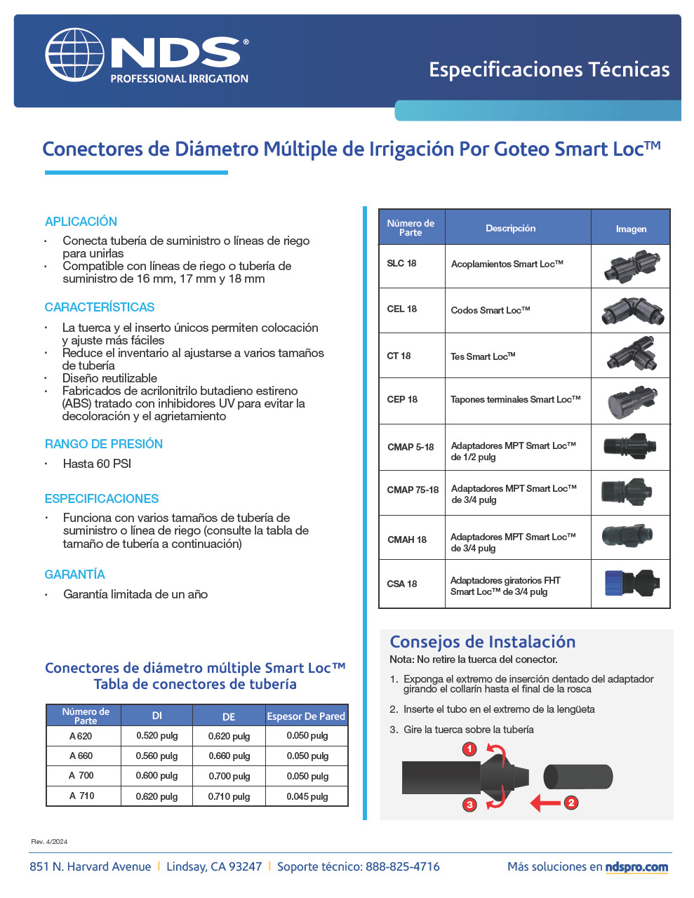 NDS Professional Irrigation Drip Irrigation Smart LocTM Multidiameter Fittings Spanish Tech Spec
