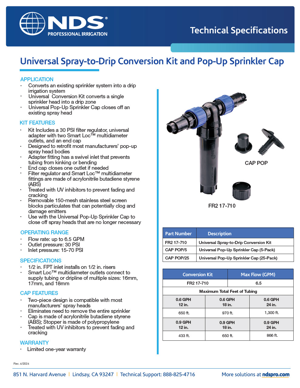 NDS Professional Irrigation Universal Spray-to-Drip Conversion Kit and Pop-up Sprinkler Cap Tech Spec