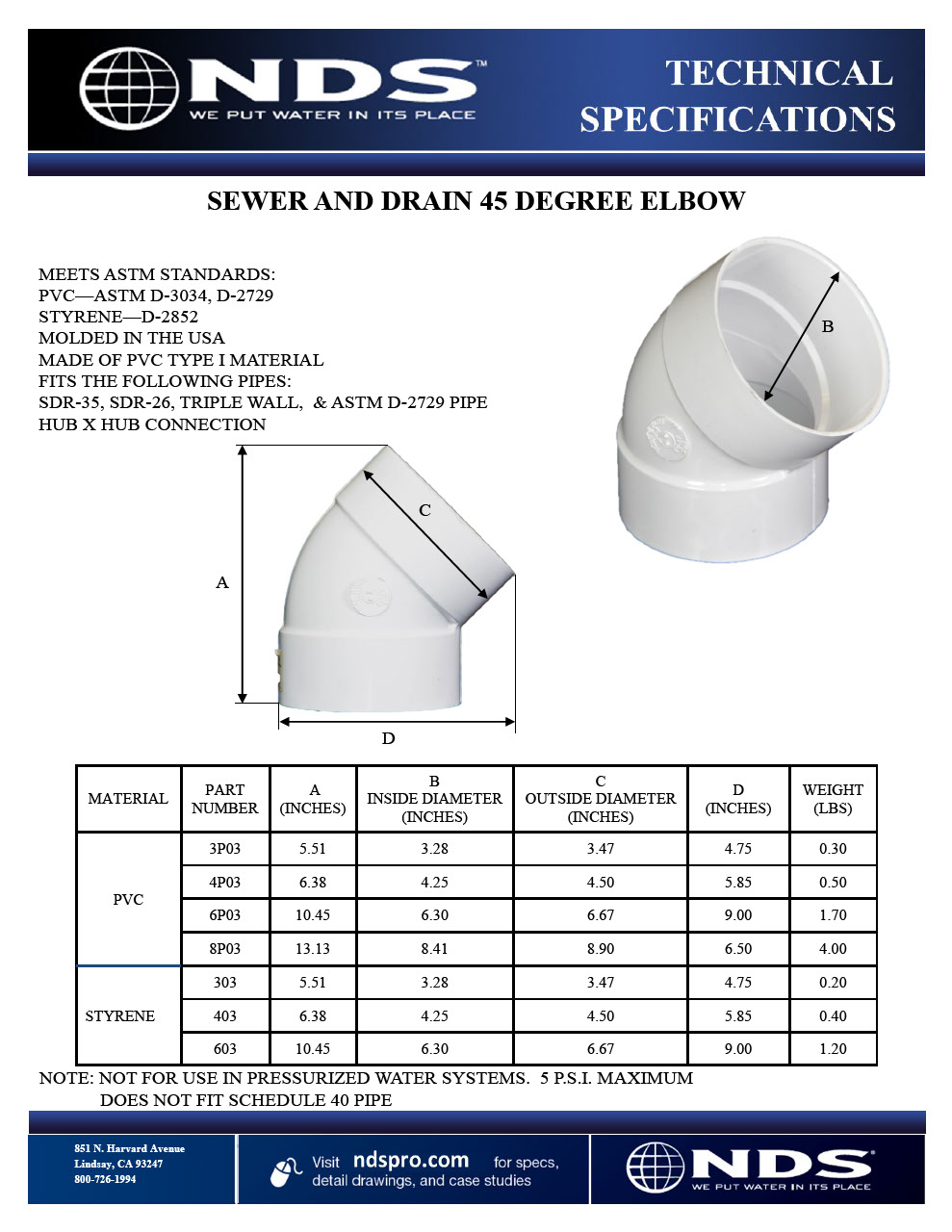 NDS S&D 45° Elbow Hub X Hub Tech Spec
