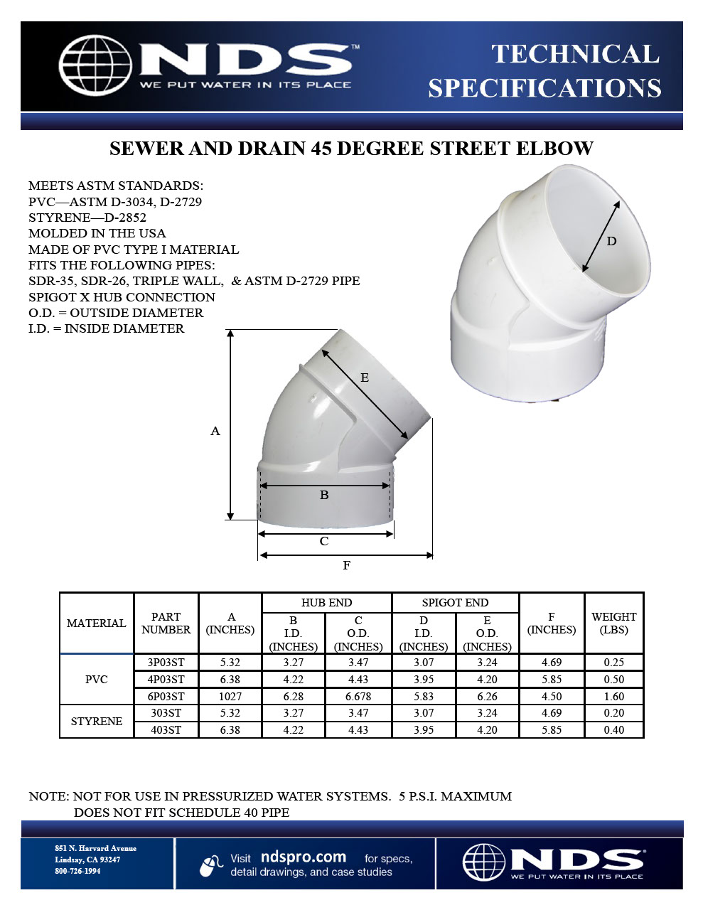 NDS S&D 45° Street Elbow Hub x Spt Tech Spec