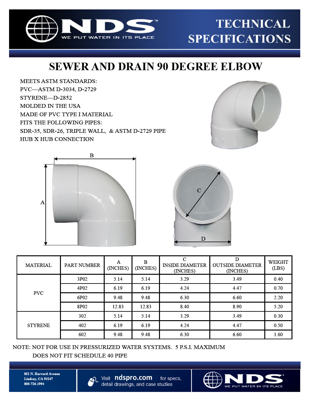 NDS S&D 90° Elbow Hub X Hub Tech Spec