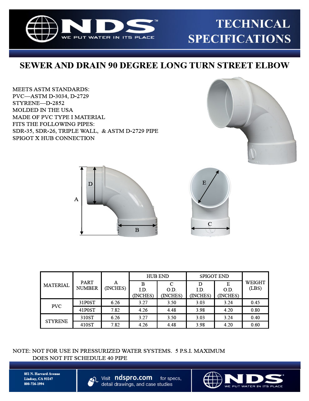 NDS S&D 90° Long-Turn Street Elbow Hub X Spt Tech Spec