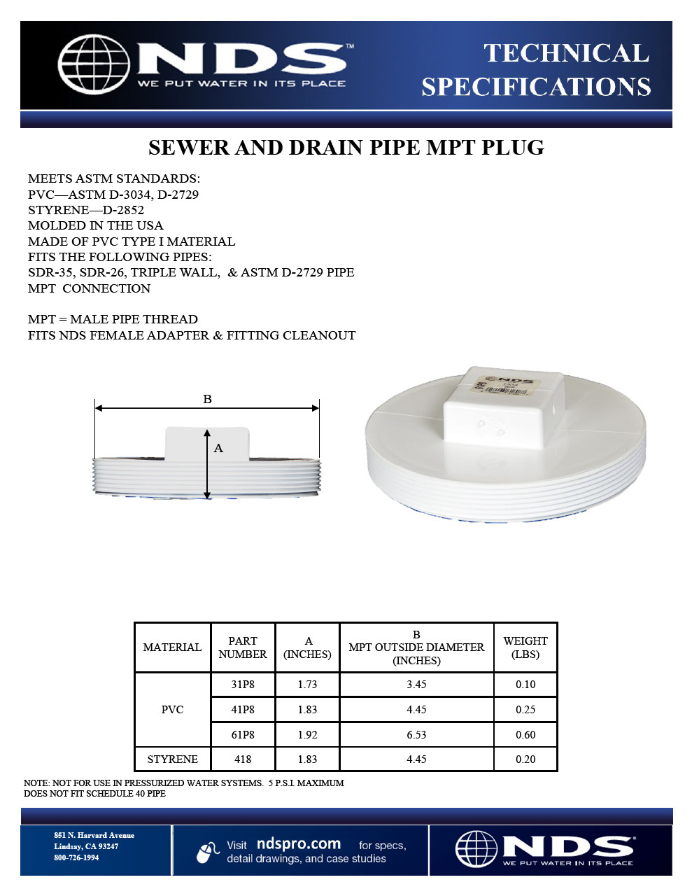 NDS S&D Cleanout Plug MPT Tech Spec