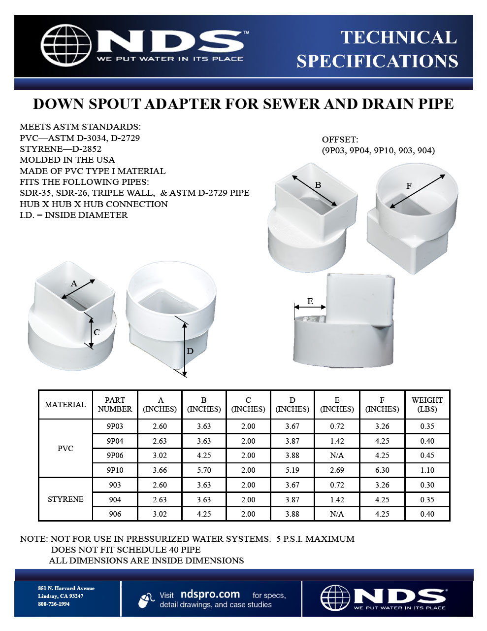 NDS Downspout Adapters Tech Spec