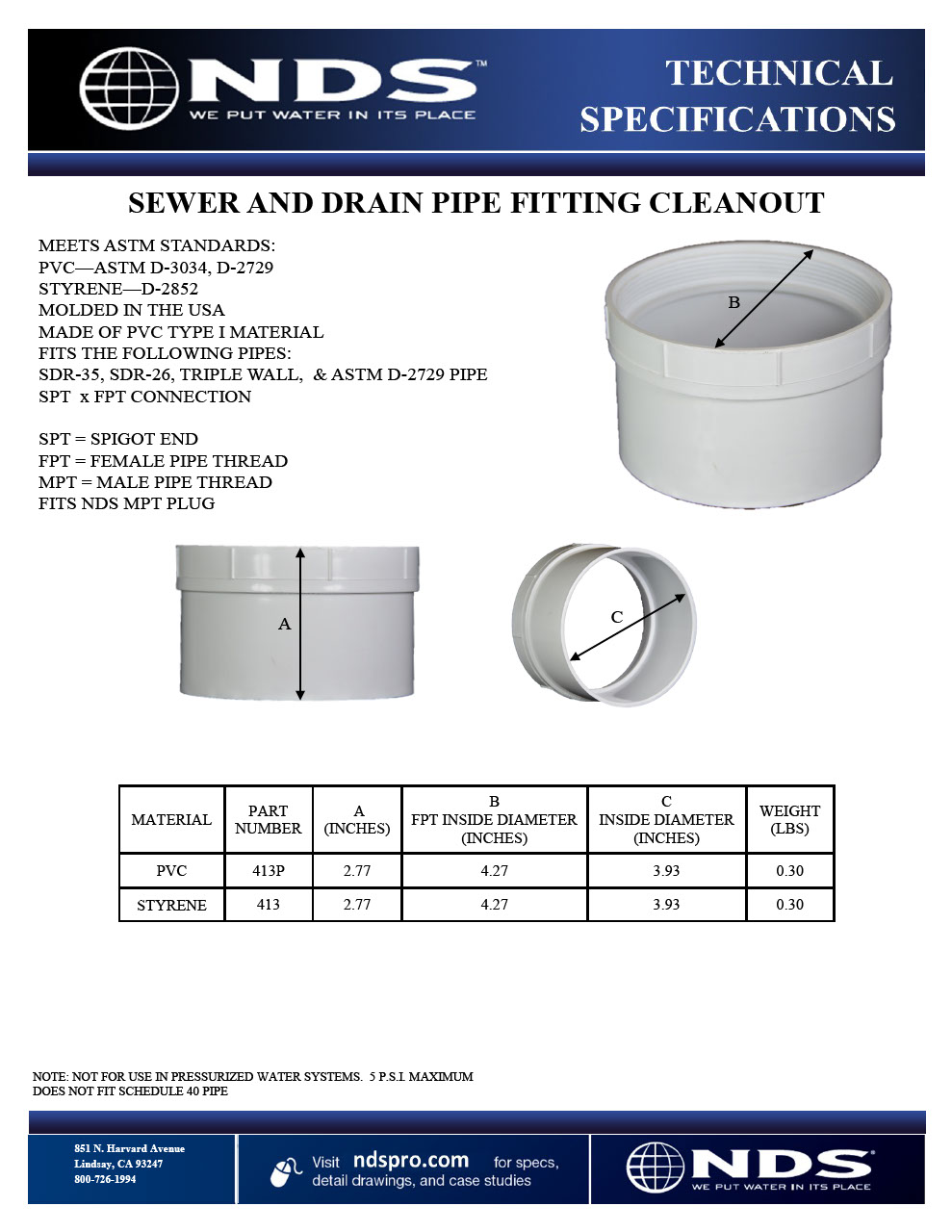 NDS S&D Hub X FPT Cleanout Adapter Tech Spec