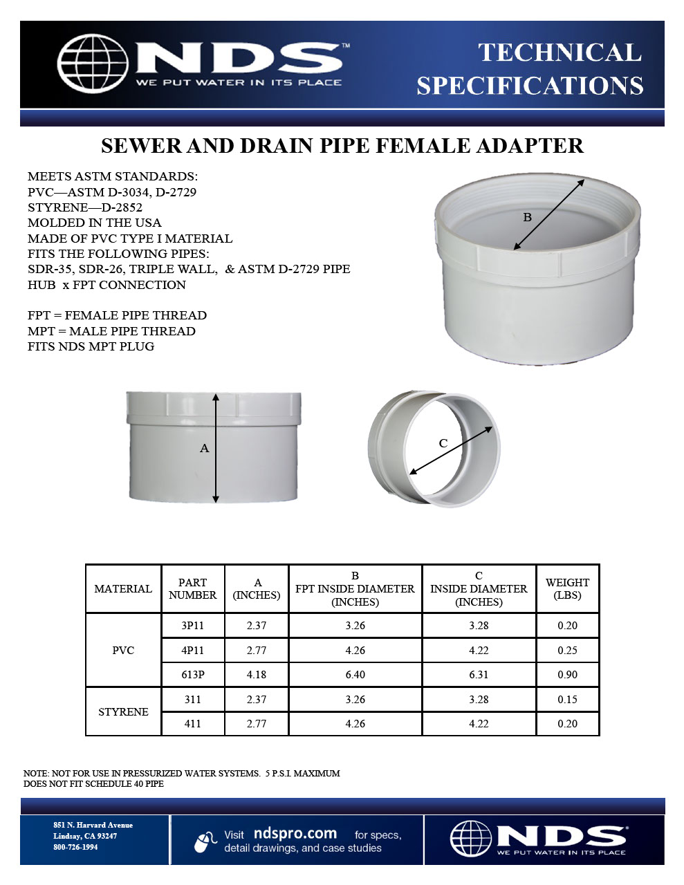 NDS S&D Spt X FPT Cleanout Adapter Tech Spec