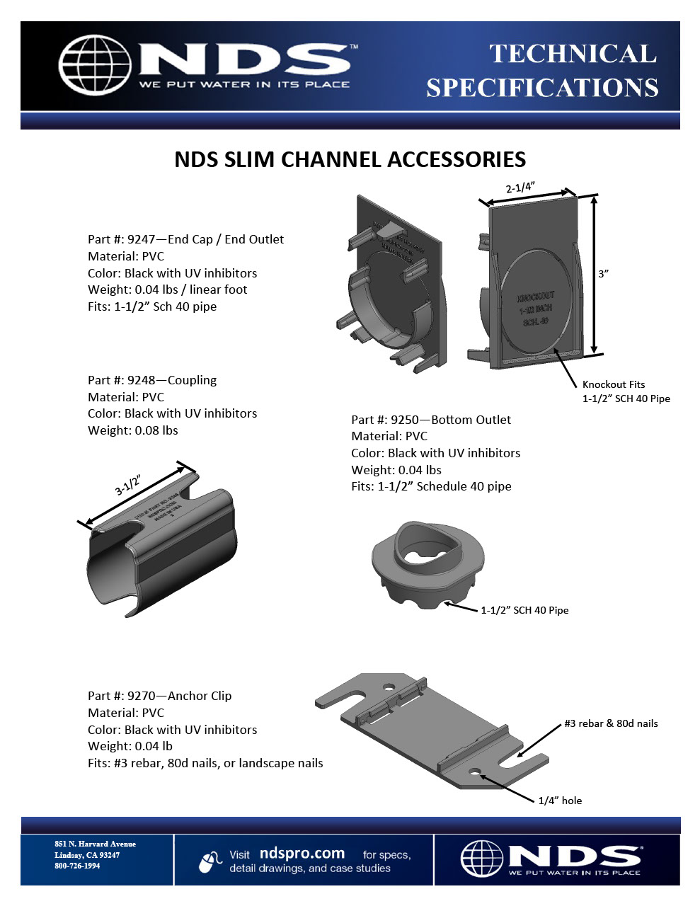NDS Slim™ Channel Drain Accessories Tech Spec