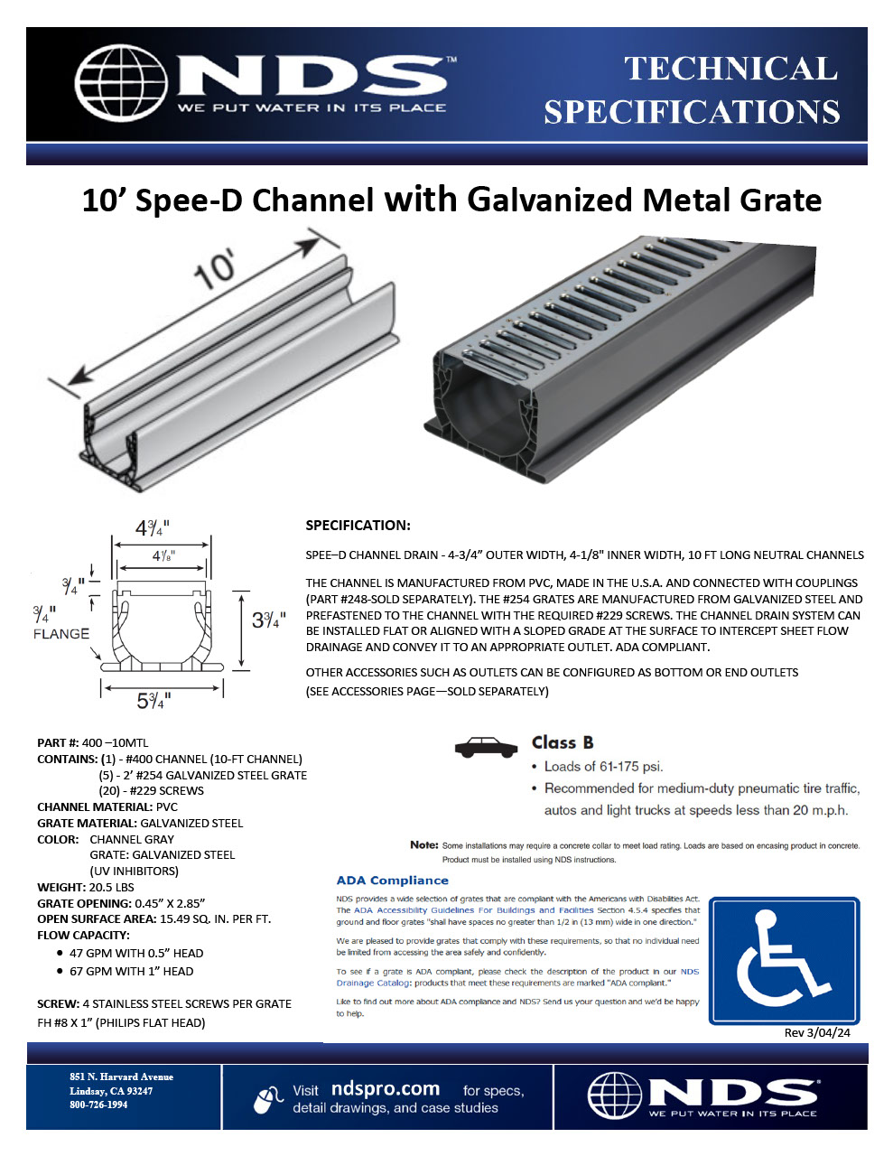 ND Spee-D® Channel Drain Assembly with Galv. Steel Grates Tech Spec
