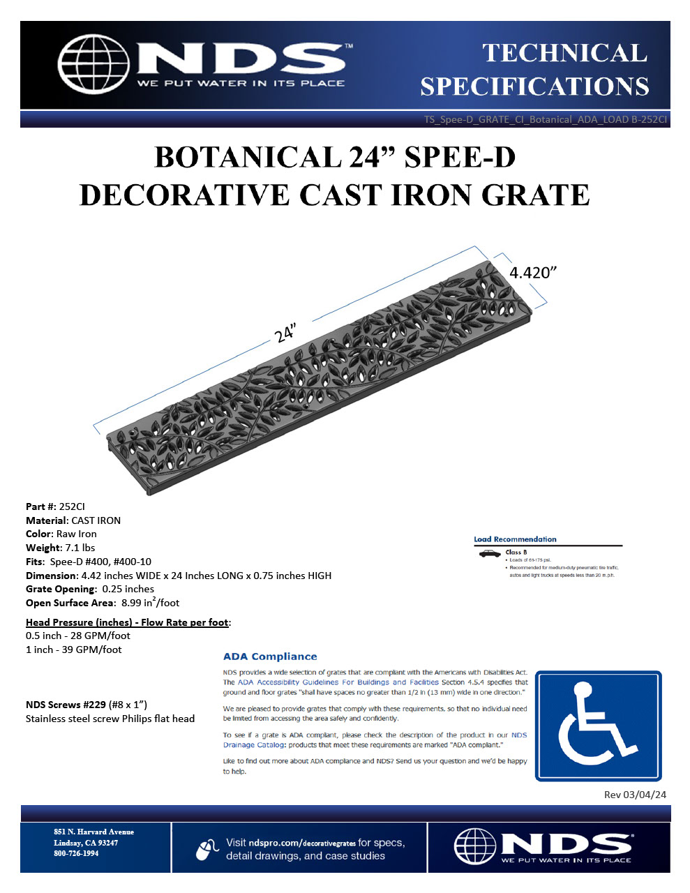 NDS Spee-D® Channel Drain Grate Decorative Botanical Design, Cast Iron Tech Spec