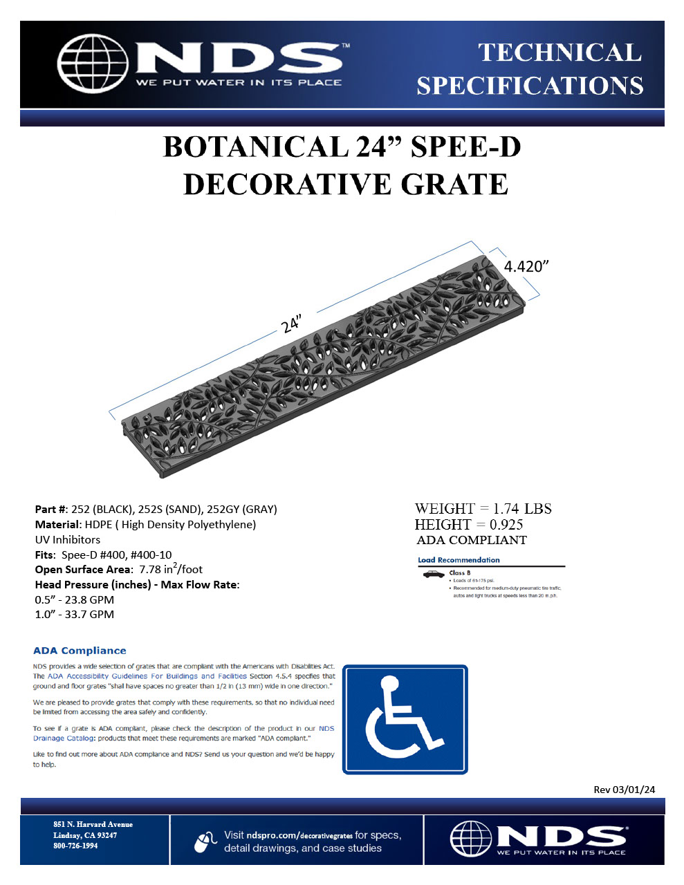 NDS Spee-D® Channel Drain Grate Decorative Botanical Design Plastic Tech Spec