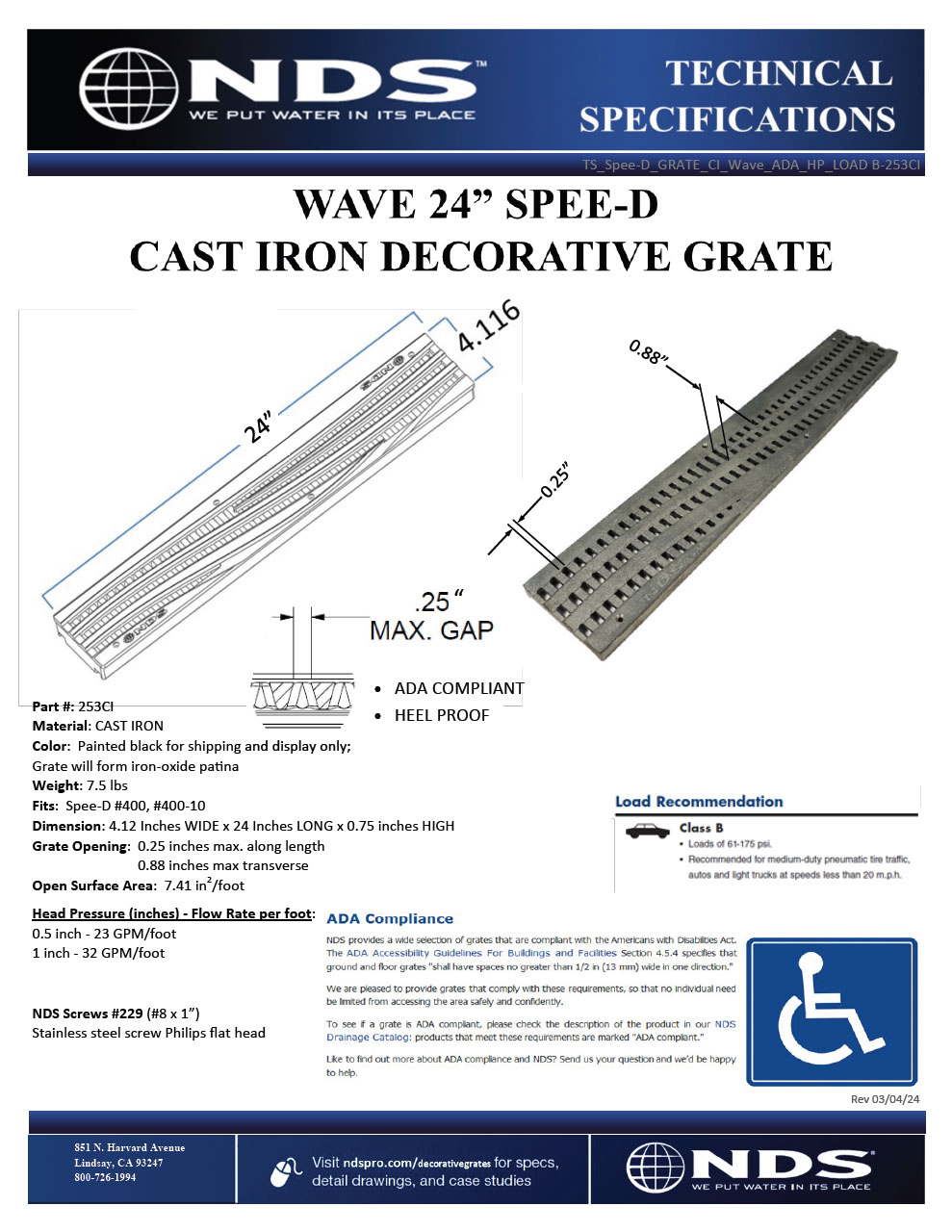 NDS Spee-D® Channel Drain Grate Decorative Wave Design, Cast Iron Tech Spec