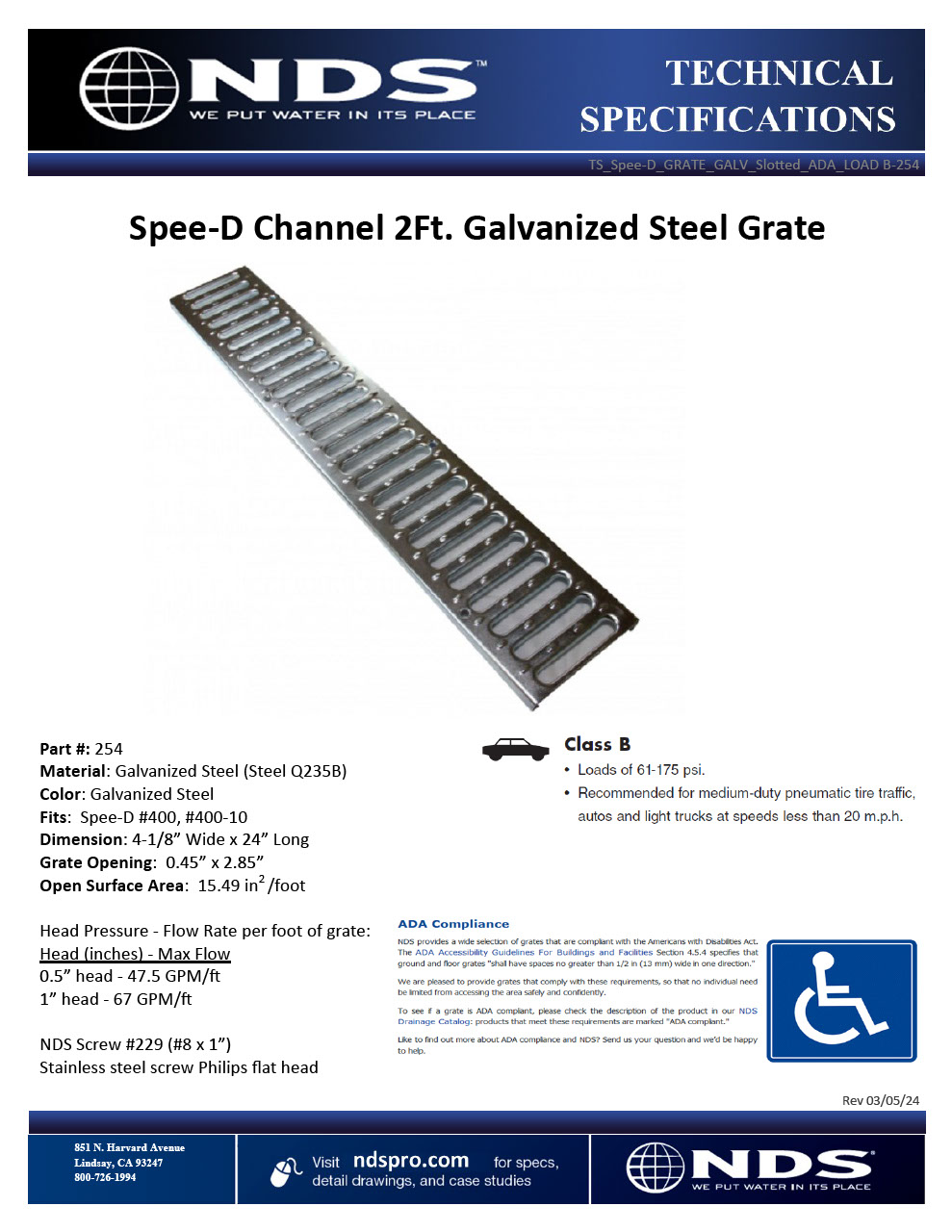 NDS Spee-D® Channel Drain Grate Galv. Steel Tech Spec