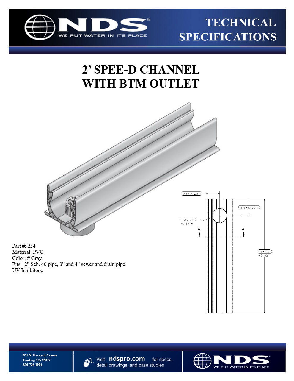 NDS Spee-D® Channel Drain with Bottom Outlet Tech Spec