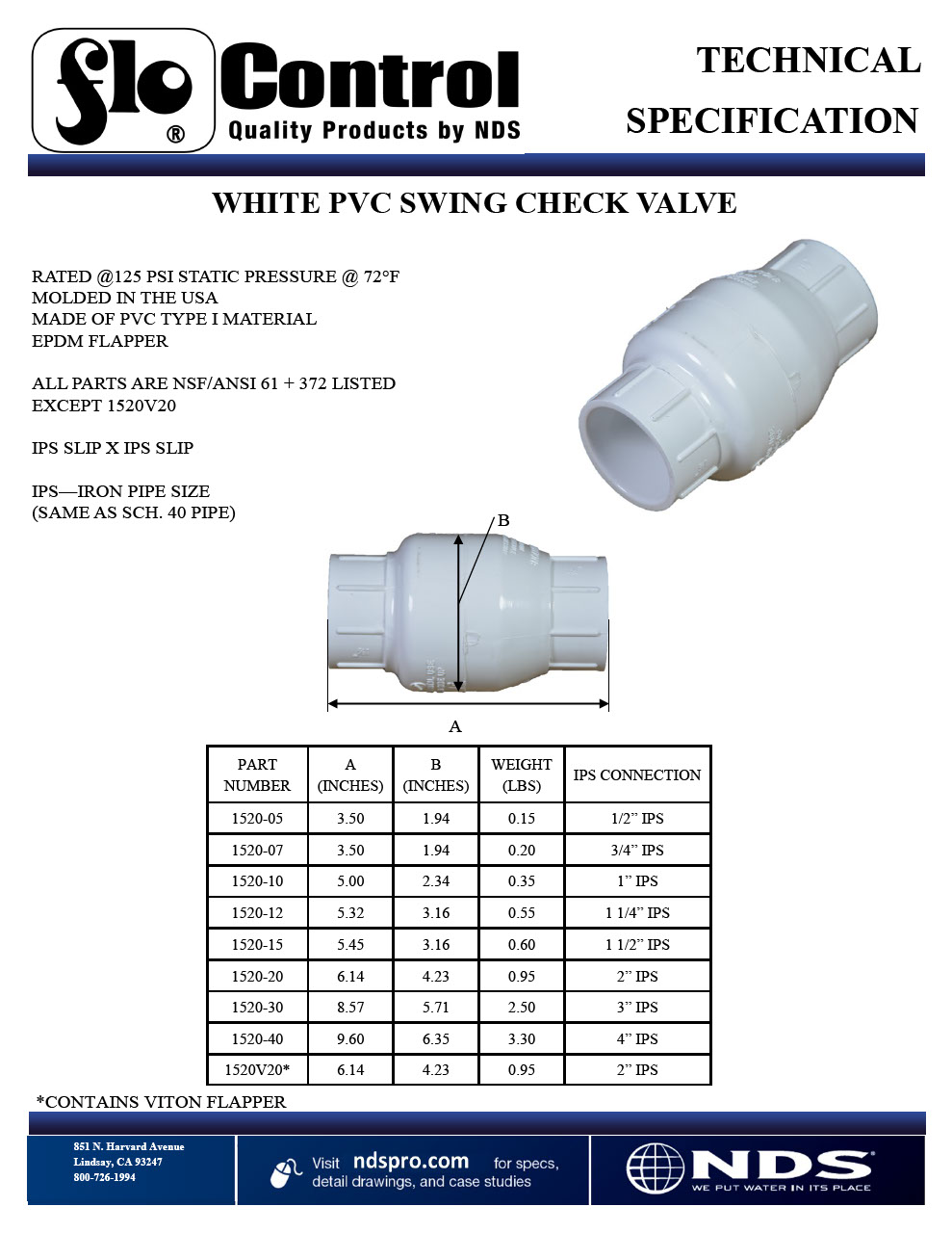 NDS Slip Swing Check Valve White Tech Spec