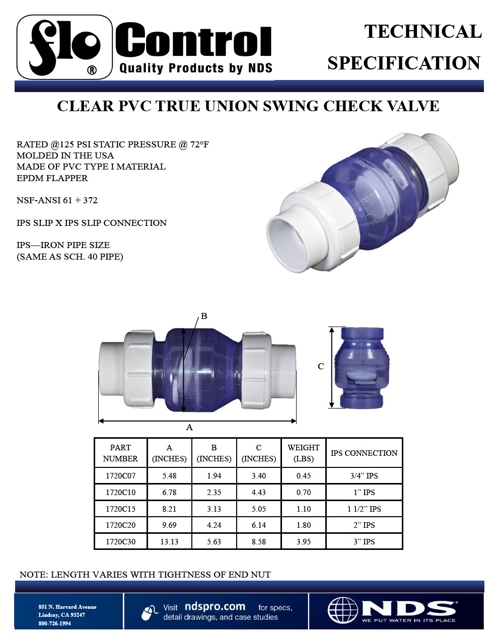 NDS True Union Swing Check Valves Clear Tech Spec