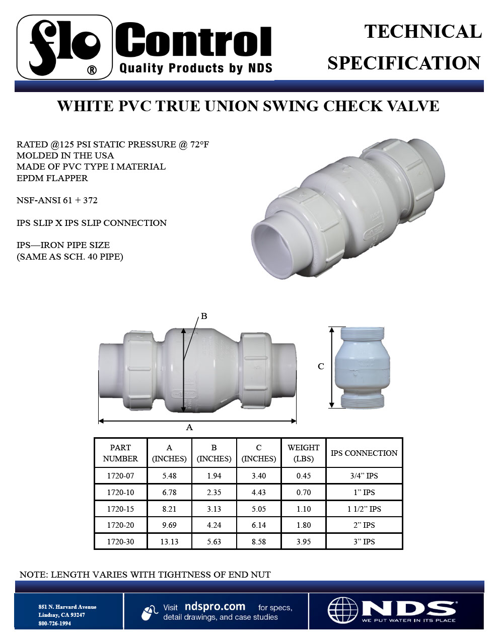 NDS True Union Swing Check Valves White Tech Spec