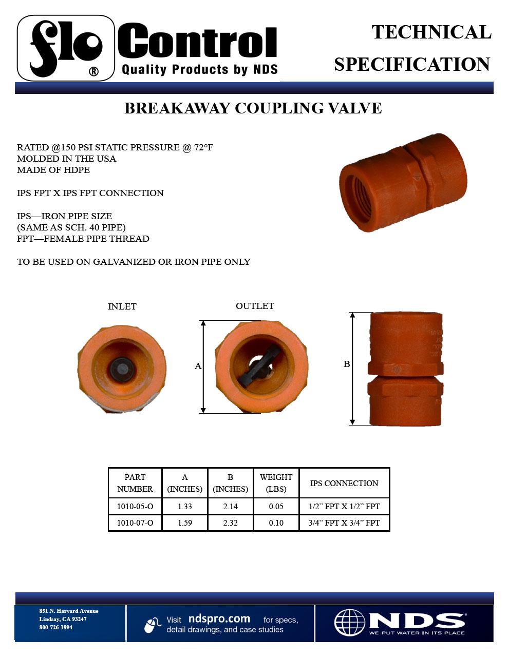NDS Threaded Breakaway Coupling Spring Check Valves Tech Spec